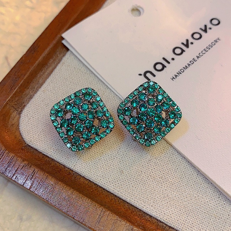 Green Fully Paved Hollow-out Crystal Square Stud Earrings - Image 4