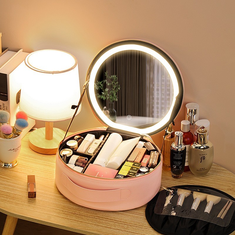 Round Smart LED Makeup Bag With Mirror Lights Women Beauty Bag Large Capacity PU Leather Travel Organizers Cosmetic Case - Image 4