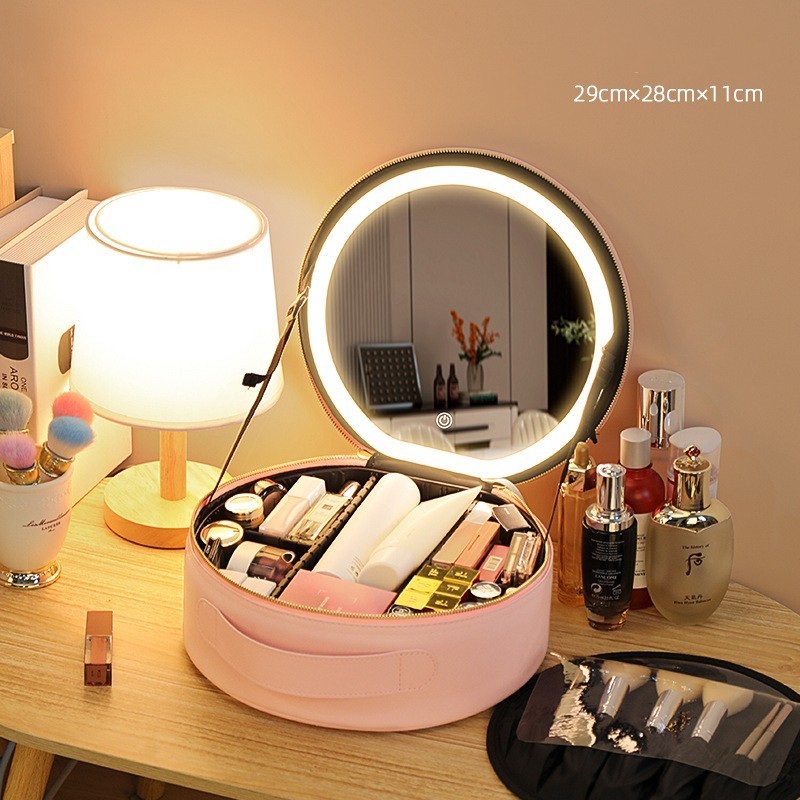 Round Smart LED Makeup Bag With Mirror Lights Women Beauty Bag Large Capacity PU Leather Travel Organizers Cosmetic Case - Image 6