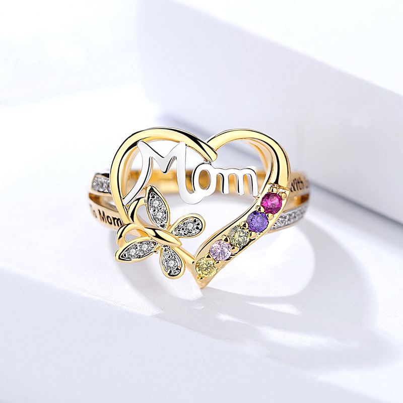 Mother's Day Gift Hollow Heart English Letter Love Mom Rhinestone Butterfly Finger Ring Jewelry Gift - Image 6