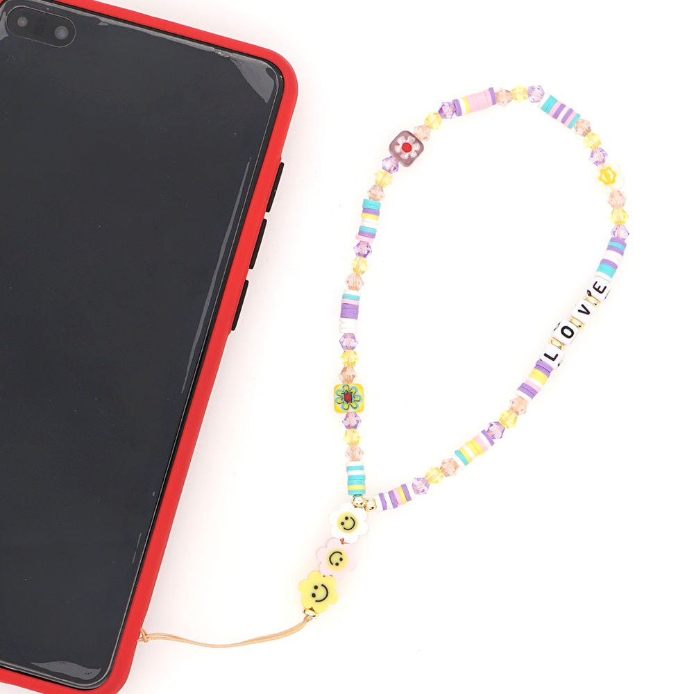 Bohemian Smiley Soft Ceramic Phone Chain Love Letter Crystal Beads Handmade Beaded Anti-Lost Mobile Phone Lanyard - Image 3