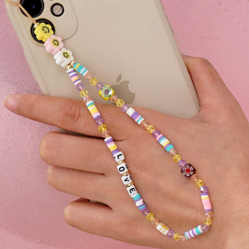 Bohemian Smiley Soft Ceramic Phone Chain Love Letter Crystal Beads Handmade Beaded Anti-Lost Mobile Phone Lanyard - Image 5