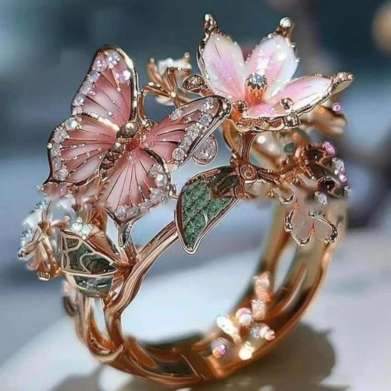 INS Flower Butterfly Ring With Rhinestones And Oil Dropping Design Fashion Personalized Jewelry For Women - Image 6