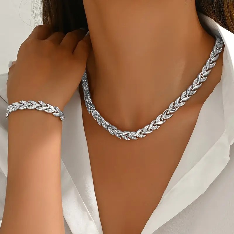 2PCS Glass Leaf Necklace Set Elegant Rhinestone Chain Necklace Bracelet For Women Fashion Luxury Jewelry Set - Image 2