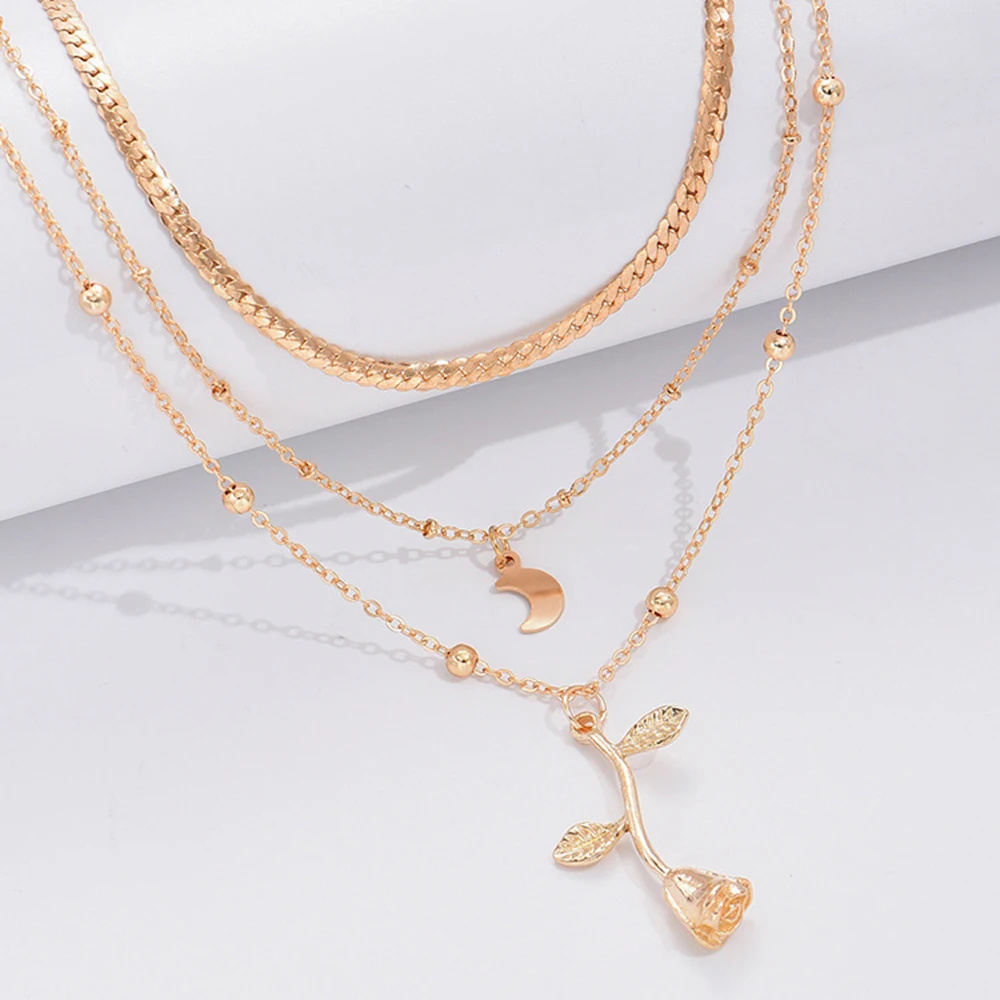 Bohemia Multilayer Moon Gold Color Pendant Necklaces For Women Rose Flower Choker Necklace 2025 Fashion Jewelry Party Gift Valentine's Day Gifts - Image 6