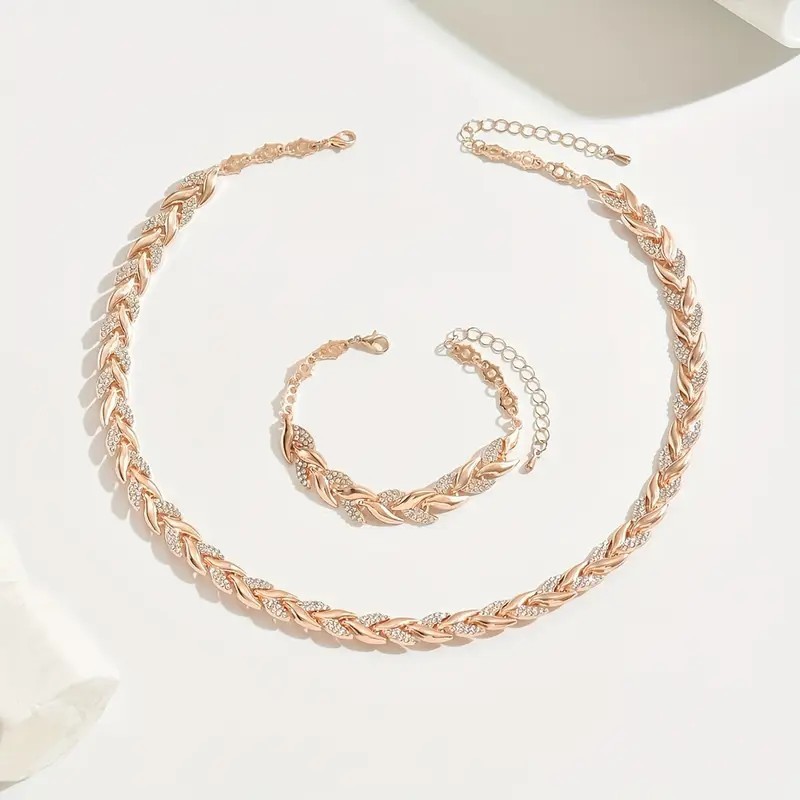 2PCS Glass Leaf Necklace Set Elegant Rhinestone Chain Necklace Bracelet For Women Fashion Luxury Jewelry Set - Image 5
