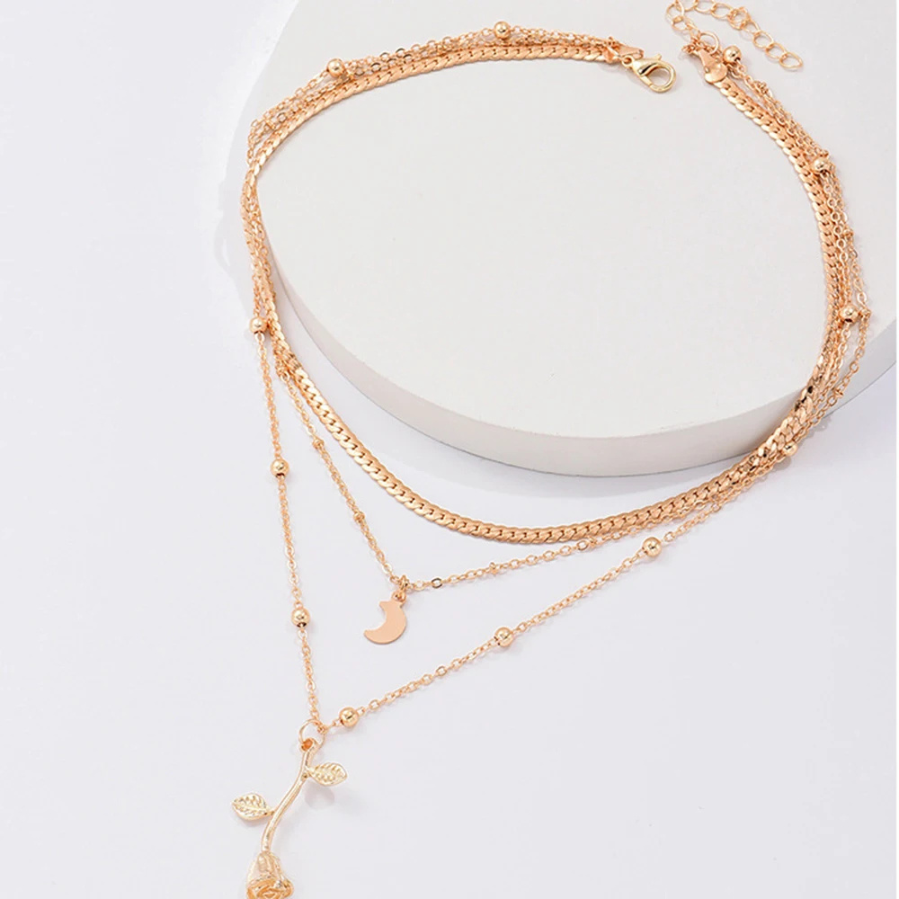 Bohemia Multilayer Moon Gold Color Pendant Necklaces For Women Rose Flower Choker Necklace 2025 Fashion Jewelry Party Gift Valentine's Day Gifts - Image 9