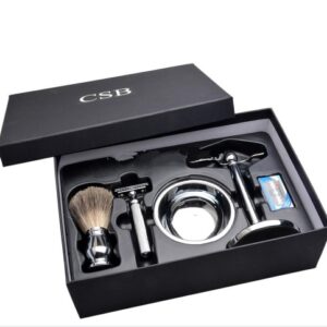 CSB Shaving Set Double Edge Safety Shaving Razor Men Badger Hair Brush Chrome Stand Mug Bowl Soap Kit 10 Free Blades