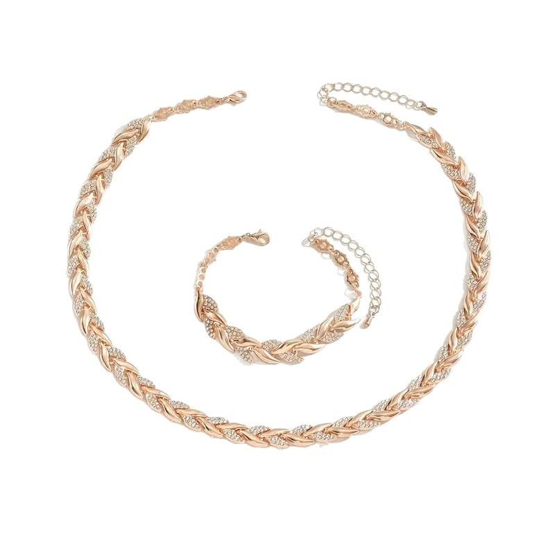2PCS Glass Leaf Necklace Set Elegant Rhinestone Chain Necklace Bracelet For Women Fashion Luxury Jewelry Set - Image 4
