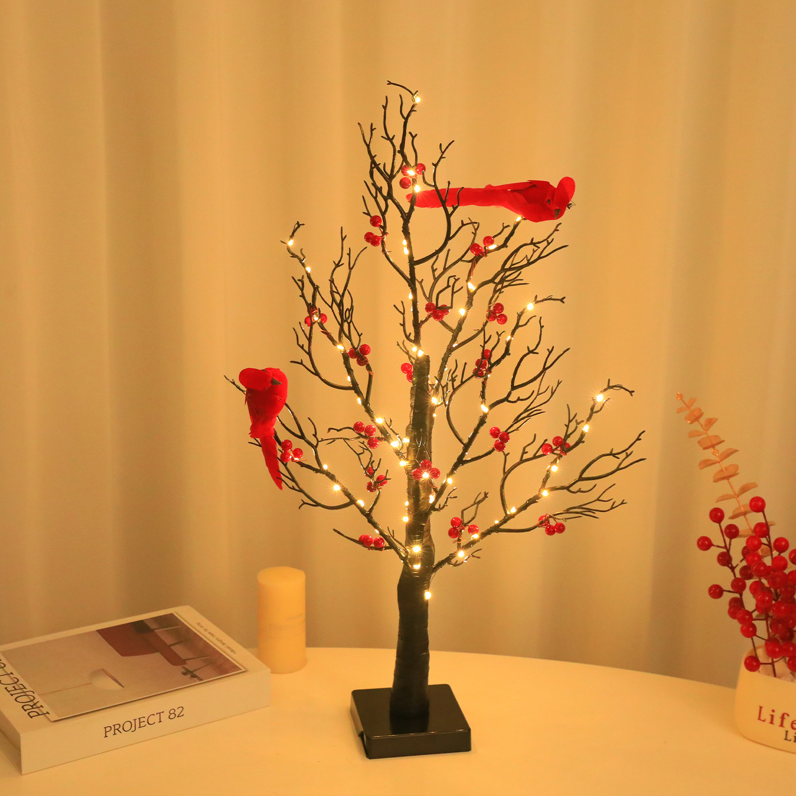 Lighted Mini Birch Tree Light LED Cardinals Christmas Tree Vintage Glowing Tree Light For Table Holiday Home Xmas Decoration - Image 2