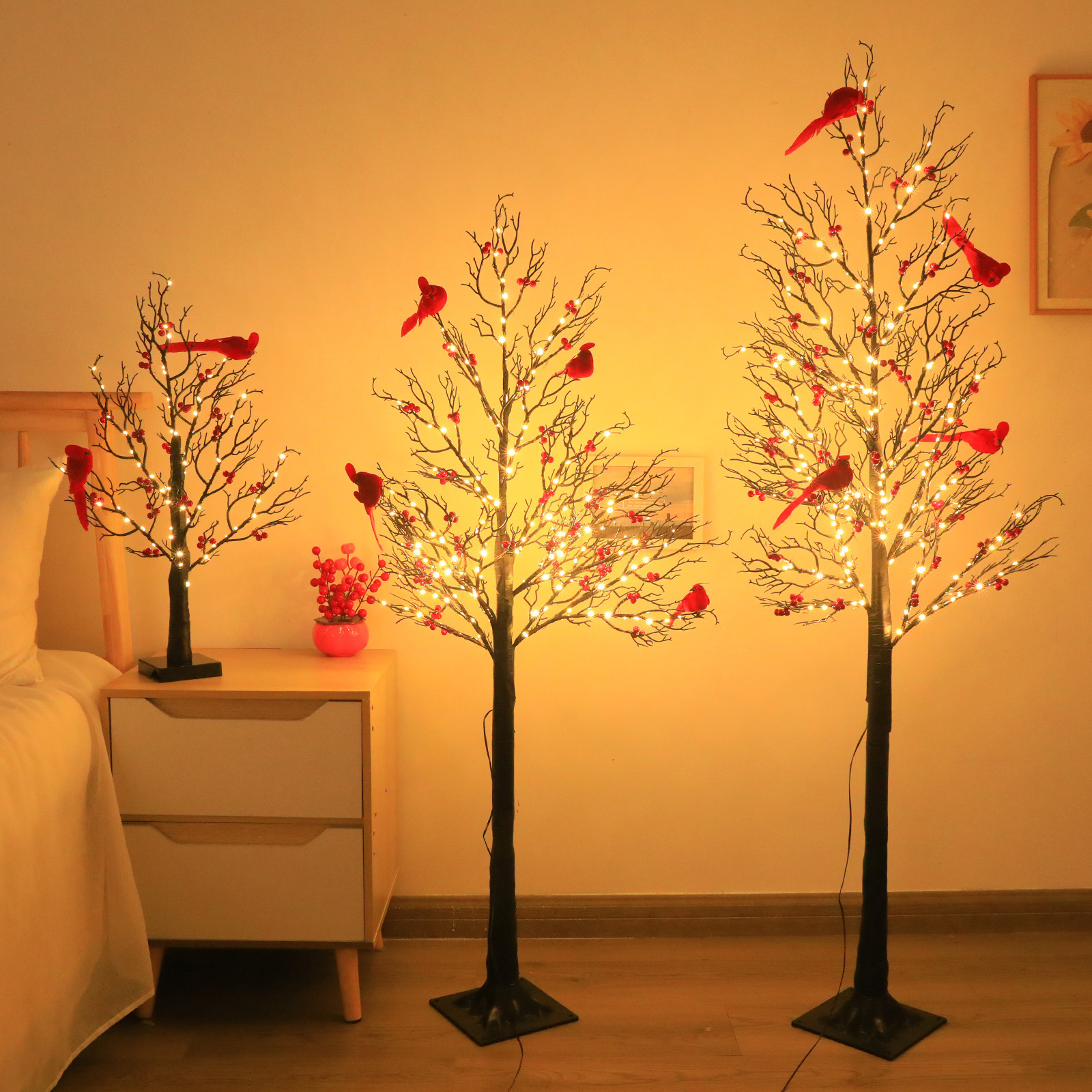 Lighted Mini Birch Tree Light LED Cardinals Christmas Tree Vintage Glowing Tree Light For Table Holiday Home Xmas Decoration - Image 7