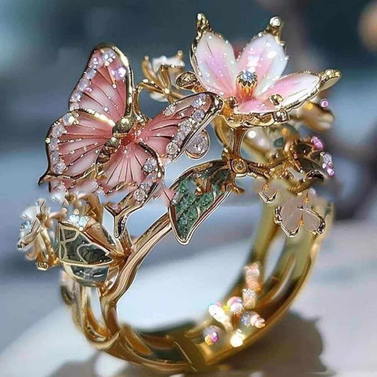 INS Flower Butterfly Ring With Rhinestones And Oil Dropping Design Fashion Personalized Jewelry For Women - Image 2