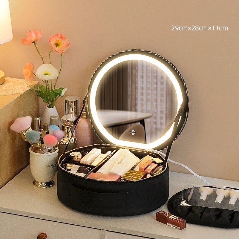 Round Smart LED Makeup Bag With Mirror Lights Women Beauty Bag Large Capacity PU Leather Travel Organizers Cosmetic Case - Image 3