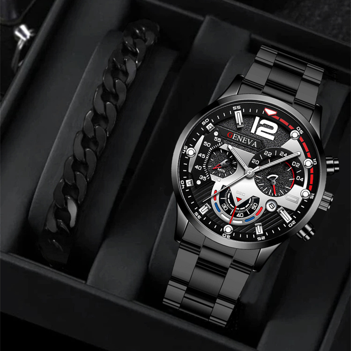 2pcs Men's New Popular Steel Strip Fashion Business Three Eye Quartz Watch Bracelet Set Valentine's Day Gifts - Image 2