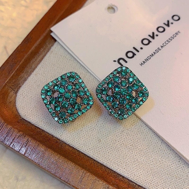 Green Fully Paved Hollow-out Crystal Square Stud Earrings - Image 3