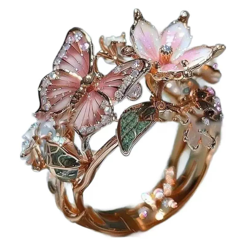 INS Flower Butterfly Ring With Rhinestones And Oil Dropping Design Fashion Personalized Jewelry For Women - Image 5