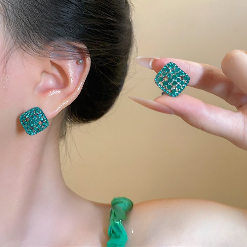 Green Fully Paved Hollow-out Crystal Square Stud Earrings - Image 2