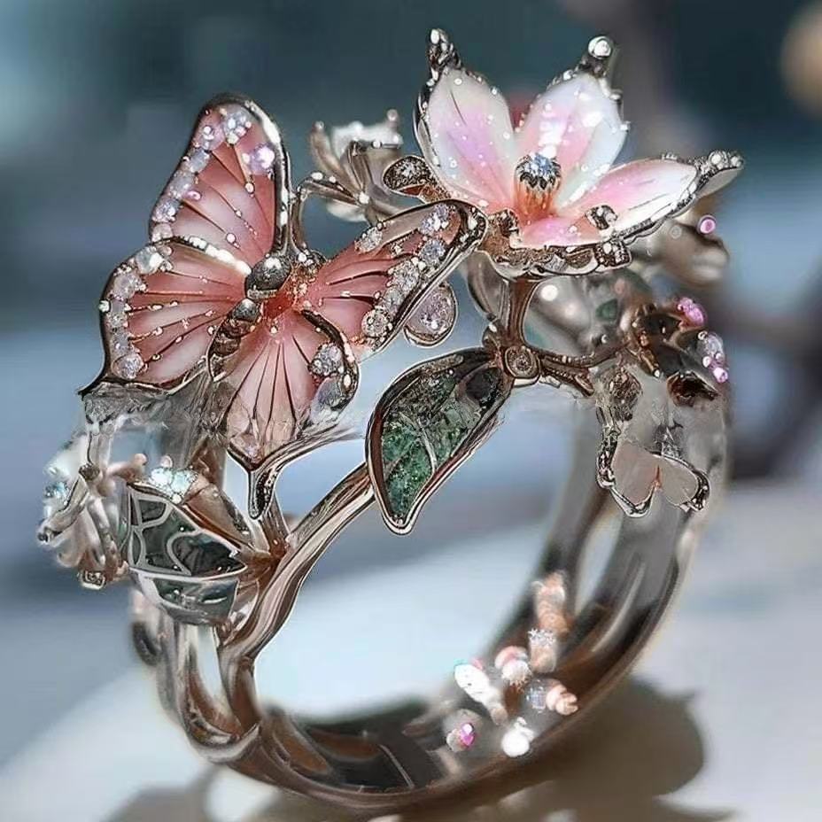 INS Flower Butterfly Ring With Rhinestones And Oil Dropping Design Fashion Personalized Jewelry For Women - Image 4