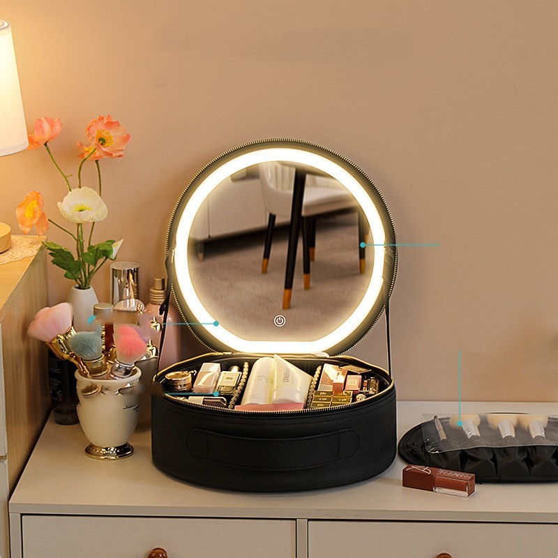 Round Smart LED Makeup Bag With Mirror Lights Women Beauty Bag Large Capacity PU Leather Travel Organizers Cosmetic Case - Image 5
