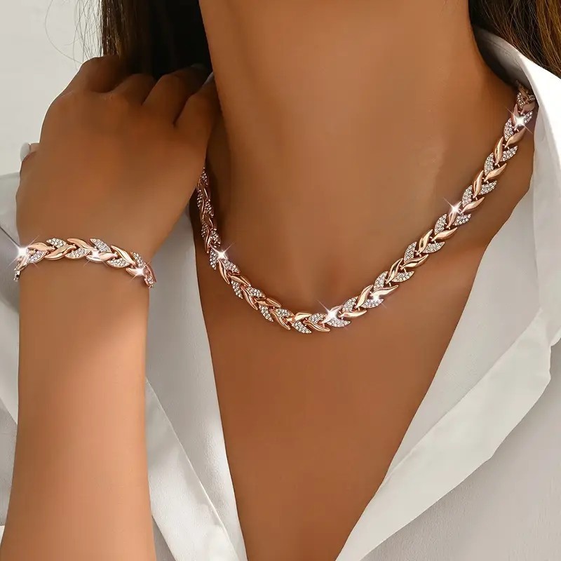 2PCS Glass Leaf Necklace Set Elegant Rhinestone Chain Necklace Bracelet For Women Fashion Luxury Jewelry Set - Image 6
