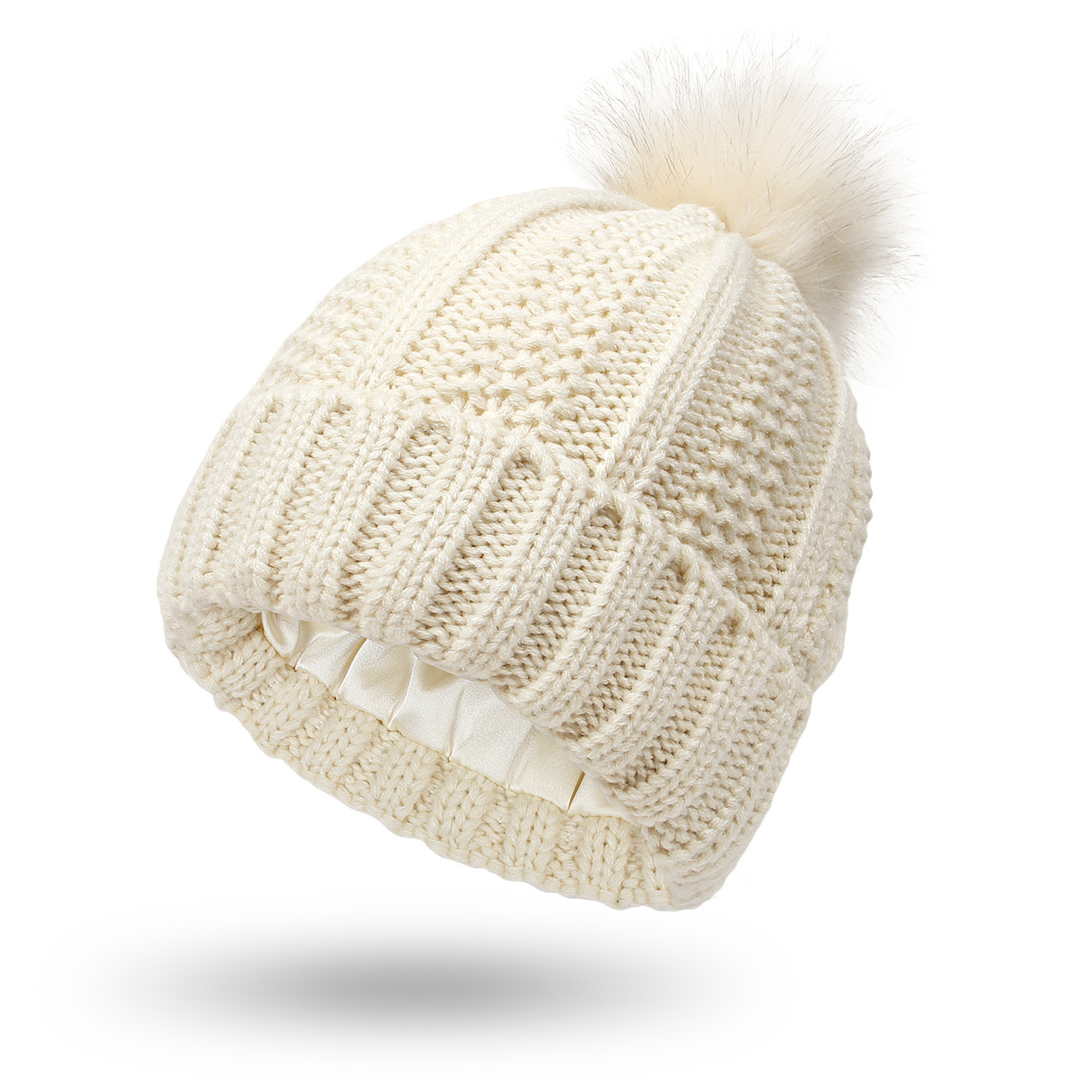Winter Knitted Hats Fashion Stretchy Lined Skull Hats For Women Faux Fur Pom Pom Hat Keep Warming Beanie Hat - Image 8