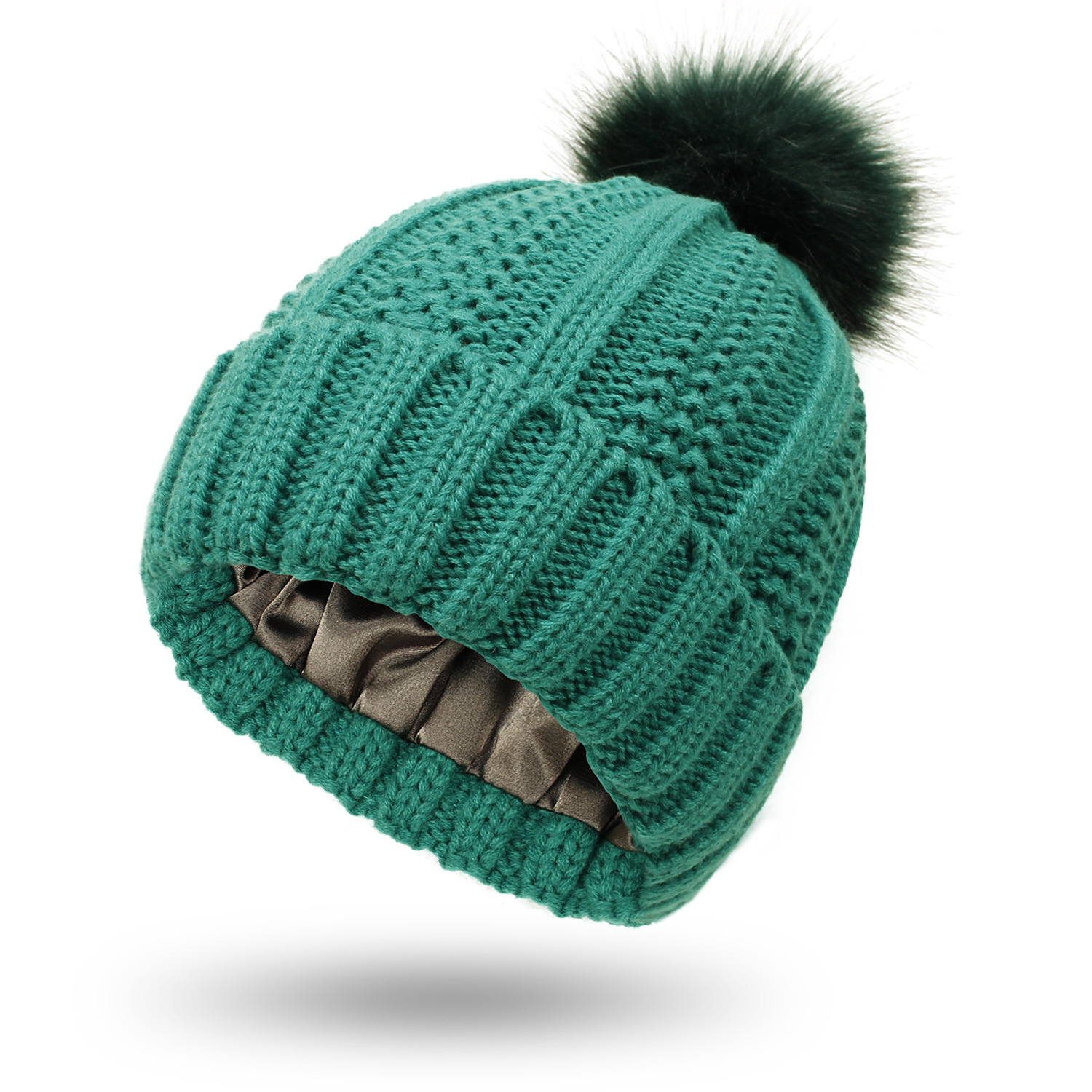 Winter Knitted Hats Fashion Stretchy Lined Skull Hats For Women Faux Fur Pom Pom Hat Keep Warming Beanie Hat - Image 4