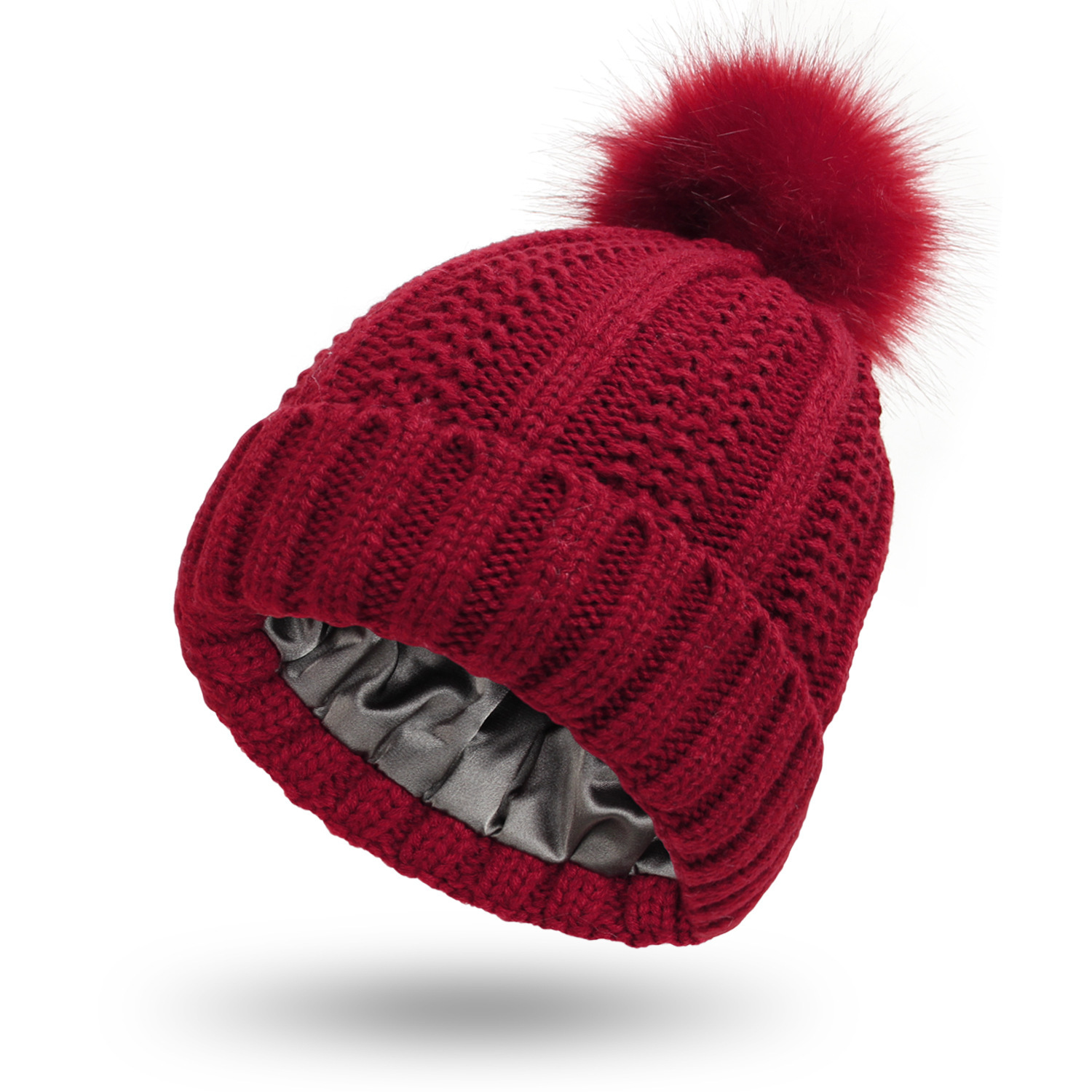 Winter Knitted Hats Fashion Stretchy Lined Skull Hats For Women Faux Fur Pom Pom Hat Keep Warming Beanie Hat - Image 3